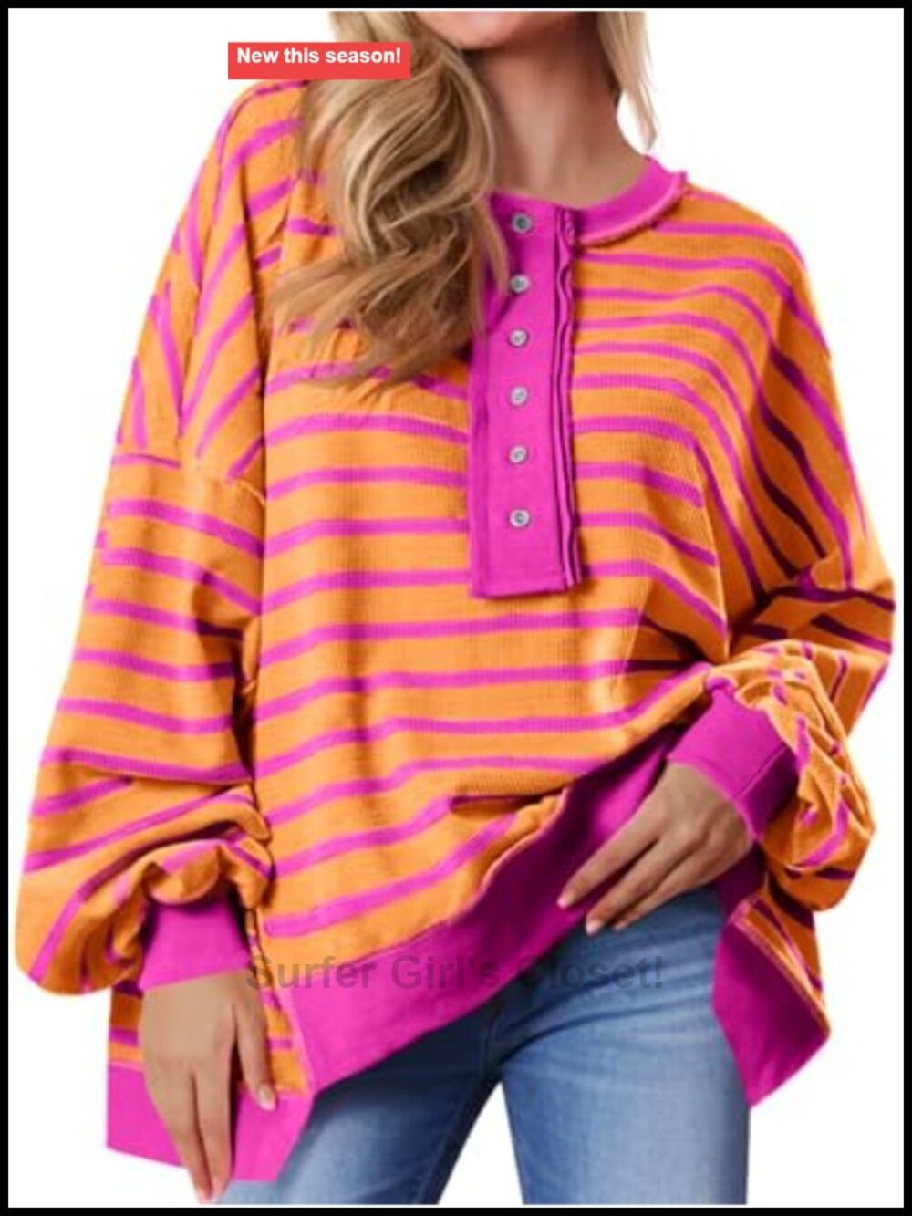 Oversized Waffle Knit Henley Sweatshirt Striped Pullover Top